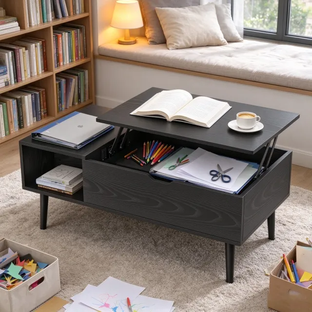 learnlogic Zwarte salontafel met opklapbaar blad en opbergruimte multifunctionele koffietafel voor de woonkamer afmetingen: 100*50*43 cm