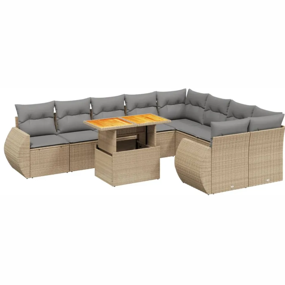 vidaXL 10-delige Loungeset met kussens poly rattan beige, foto 3