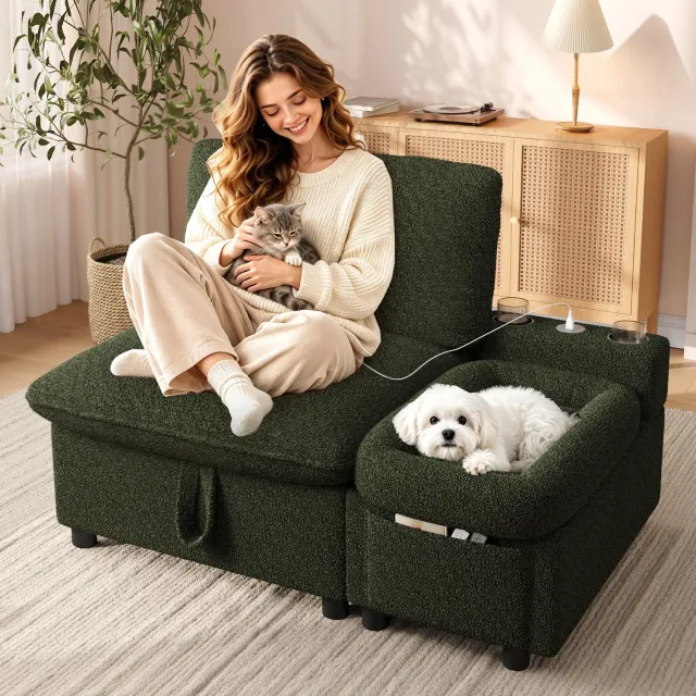 OOIILLEE 1-Zits Bank, Modern sofa voor mens en dier, 1-zits met grote verborgen opbergruimte, middenconsole met huisdierenbed, opbergvak, USB/Type-C, 2 bekerhouders, woon-/slaapkamer, bouclé-stof, Green groen