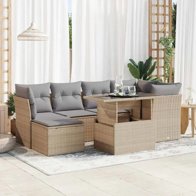 vidaXL 7-delige Loungeset met kussens poly rattan beige, foto 2