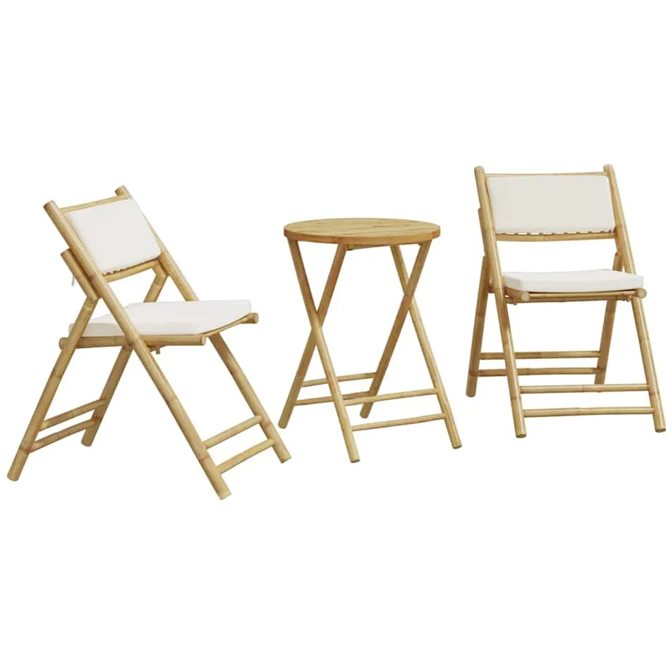 vidaXL 3-delige Bistroset inklapbaar met kussens bamboe crèmewit, foto 3
