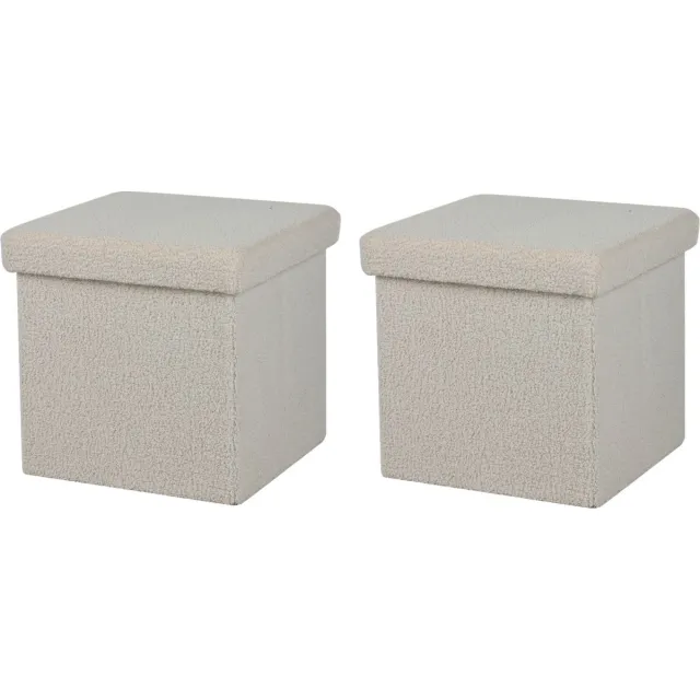 Urban Living Poef Teddy BOX - 2x - hocker - opbergbox - creme wit - polyester/mdf - 38 x 38 cm - opvouwbaar