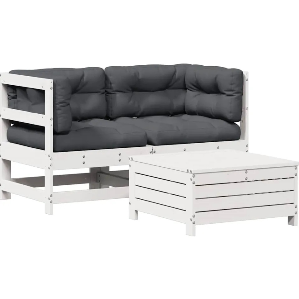 vidaXL 3-delige Loungeset met kussens massief grenenhout wit, foto 3