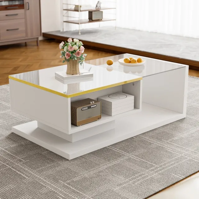 Wishdor Salontafel - Met Opbergvak En Ledverlichting - Modern - Voor De Woonkamer - Spaanplaat En Glas - Wit - 90 X 50 X 32,5 Cm