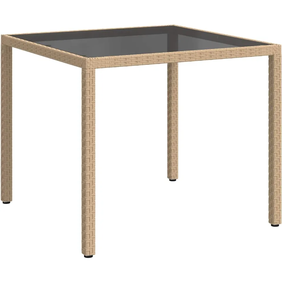 vidaXL Tuintafel 90x90x75 cm gehard glas en poly rattan beige, foto 3