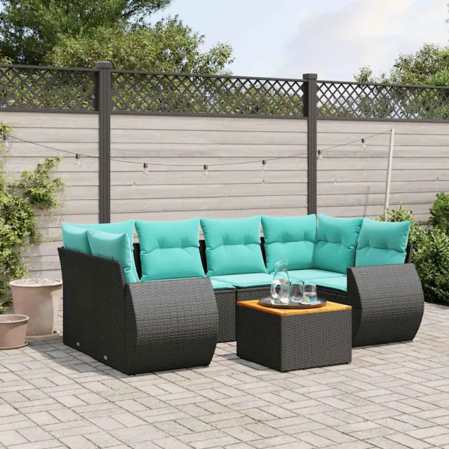 vidaXL 7-delige tuinbankset met kussens van zwart polyrotan, foto 2
