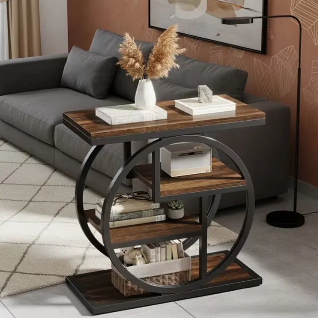 Velourra Industriële Bijzettafel Woonkamer – 4 Laags Smal Sofa Tafeltje met Opbergplanken – Hout & Metaal – Rustiek Bruin