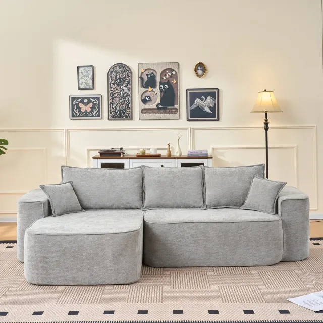 Merax L-vormige Hoekbank "Cloud Couch", 262cm met Chaise Longge, XXL Laagzitting, Zonder Montage, Modulaire Bank in Grijze Chenille voor Woonkamer grijs