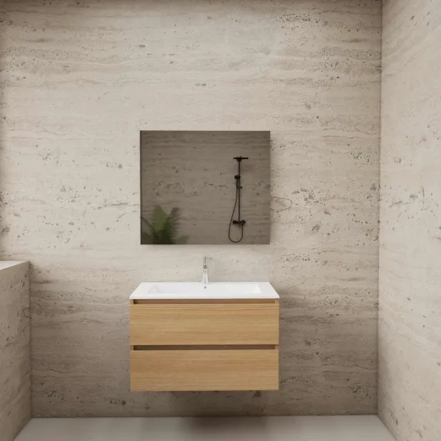 Boss & Wessing ACTIE BWS Badmeubel | Paris | Naturel Eiken 80 cm | Hoogglans Wit Wastafel | 1 Kraangat