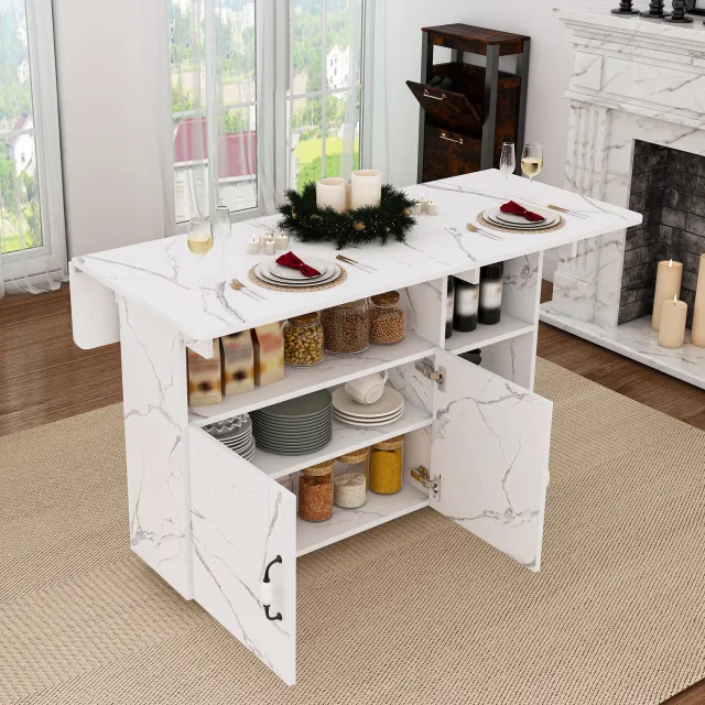 STILVORA Opklapbare Eettafel - Twee Klapbladen en Opbergruimte - Voor Keuken en Werkplek - MDF in Witte Marmerlook - 110x70x80 cm Wit met marmerlook