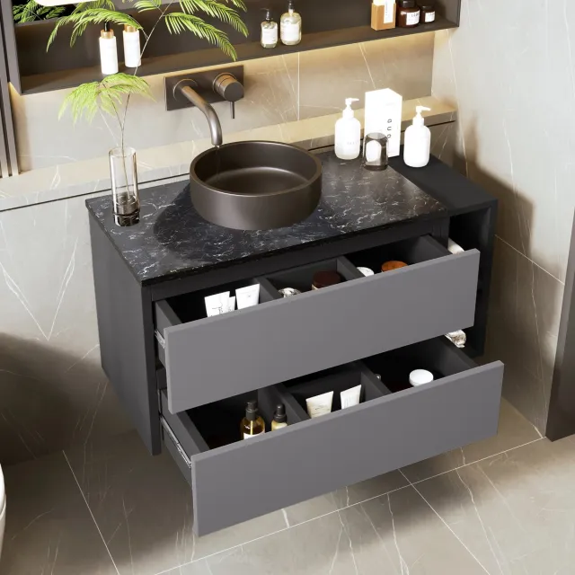 COVREO Wastafelonderkast 80 cm zwart-grijs, MDF met keramische waskom