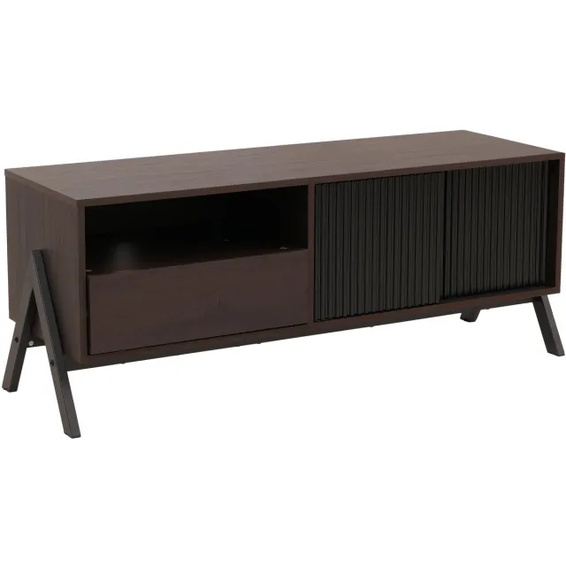MCW TV-rek MCW-O40, lowboard tv-kast schuifdeur opbergvakken lade, MDF metaal melamine 49x120x40cm ~ walnootlook