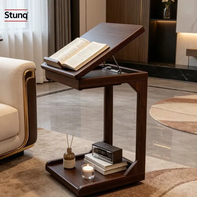 Stunq C-vormige bijzettafel met kantelbaar blad, donkerbruin rubberhout