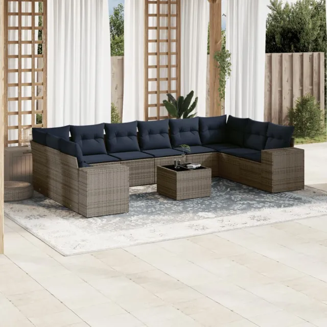 vidaXL 11-delige tuinbankset met kussens, grijs polyrotan, foto 2