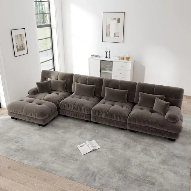 KOMHTOM Modulaire hoekbank, L-vormige bankstel voor de woonkamer, Comfortabele Cloud-bank voor 4 personen met afneembare chaise longue, DIY-combinatie, Chenille, Bruin