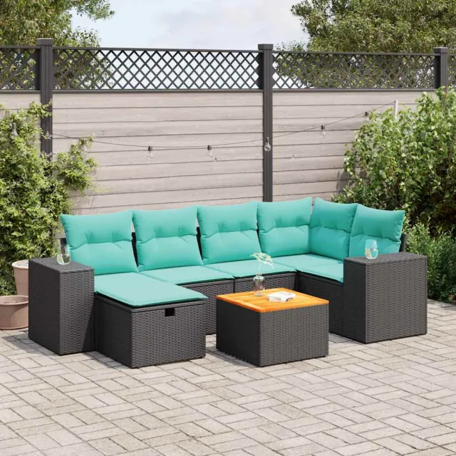 vidaXL 7-delige Loungeset met kussens poly rattan zwart, foto 2