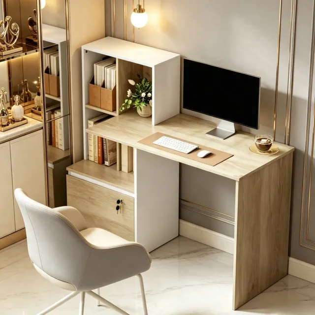 HAUSS SPOLE Computerbureau - Met Vier Vakken en Afsluitbare Lade - Voor Thuiswerken en Studeren - Spaanplaat - Wit en Licht Eiken - 126x50x109 cm