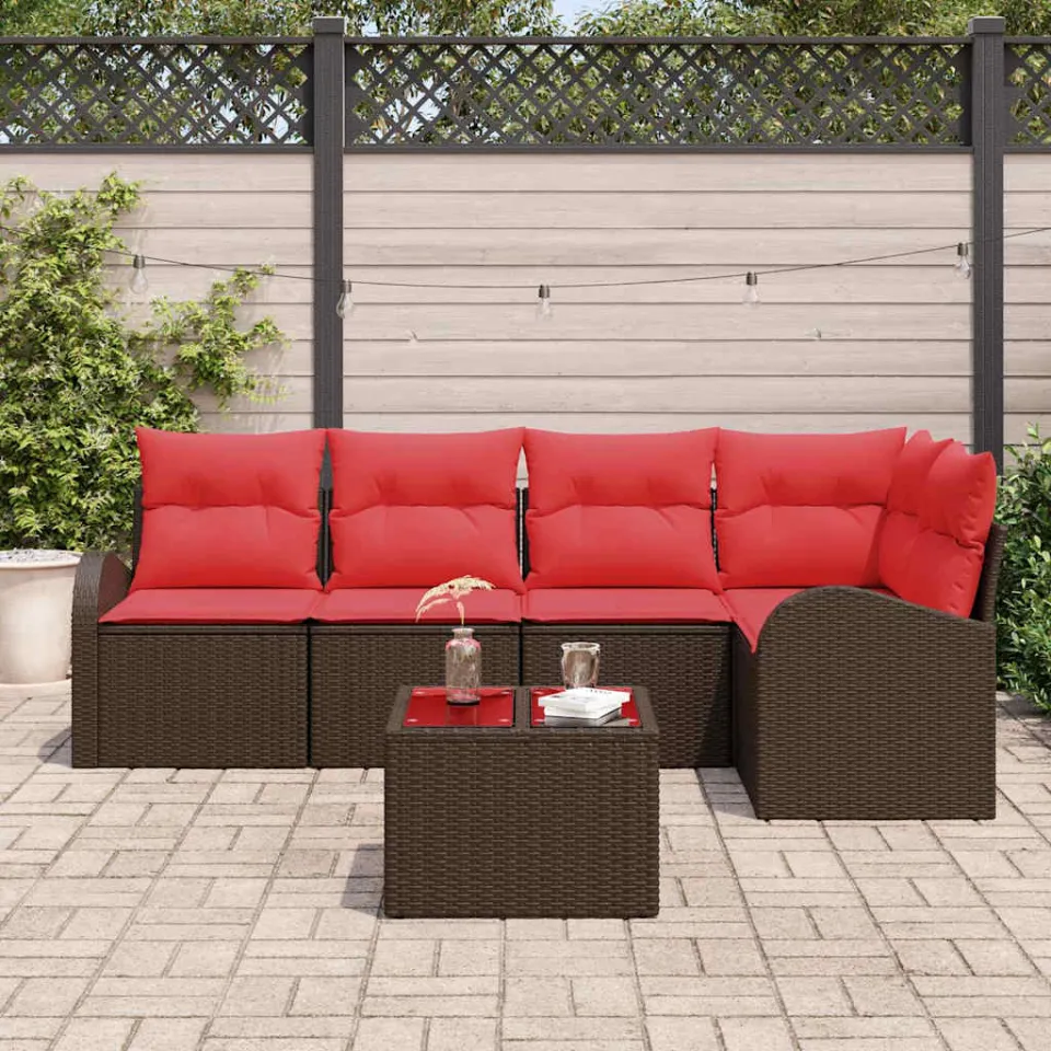 vidaXL Tuinbankenset 6 st Bruin en Rood poly rattan, foto 3