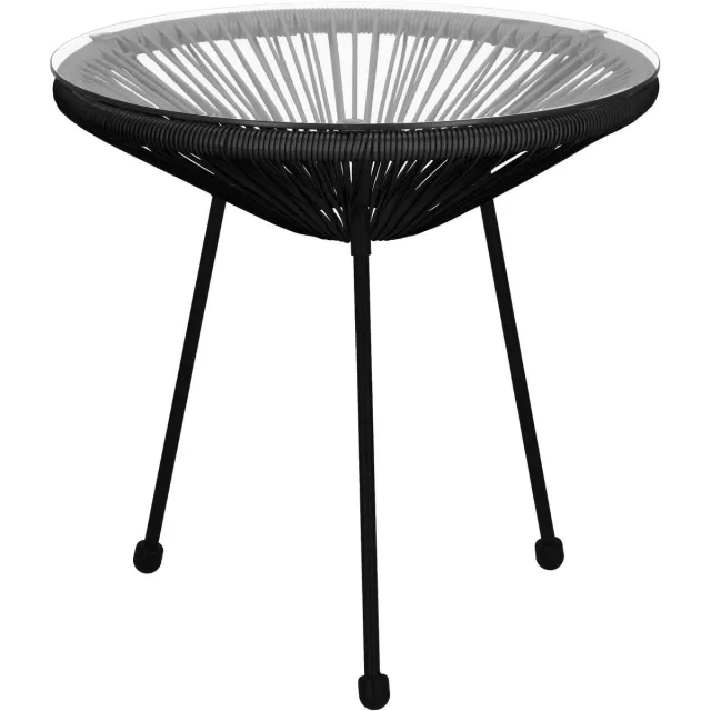 springos Tuintafel - Draad - Rotan - Zwart - Rond - Glas - 50 Cm