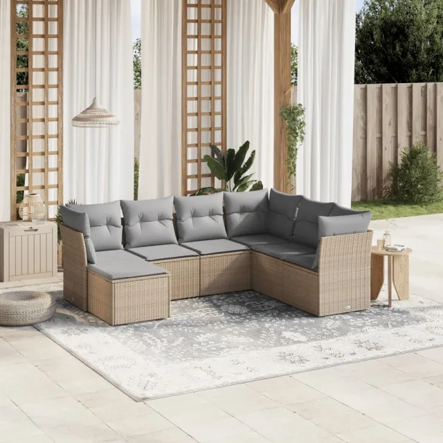 vidaXL 7-delige Loungeset met kussens poly rattan gemengd beige, foto 2