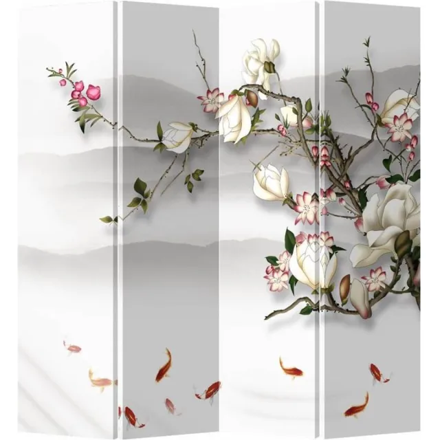 Fine Asianliving Kamerscherm Scheidingswand B160xH180cm 4 Panelen Bloesem En Vissen Wit, Multicolour