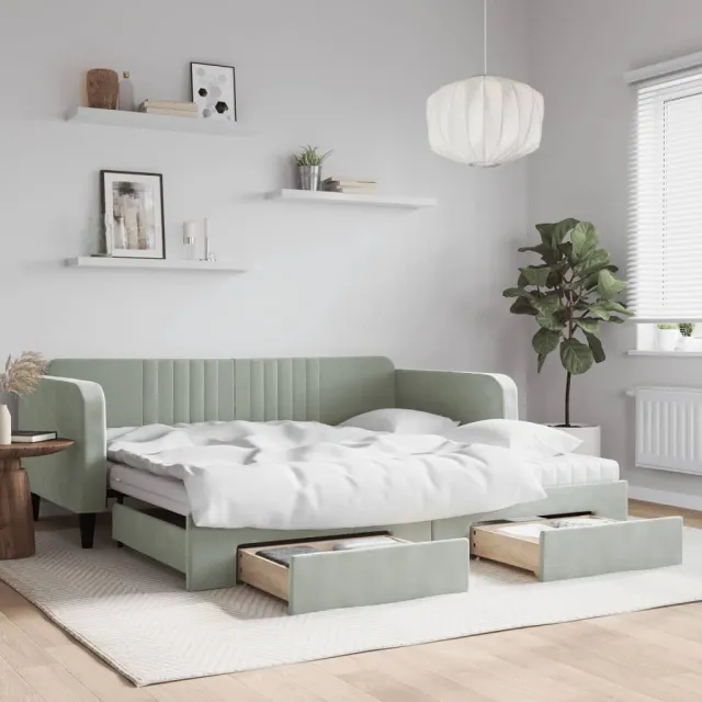vidaXL Slaapbank onderschuifbed en lades 100x200 cm fluweel lichtgrijs