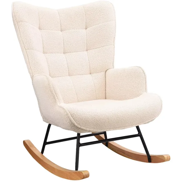 emvae Stoel - Schommelstoel - Fauteuil - Relaxfauteuil - Relaxstoel - Teddy Stof - Met armleuning - Hoge Rugleuning - 68 x 75 x 92 cm Beige
