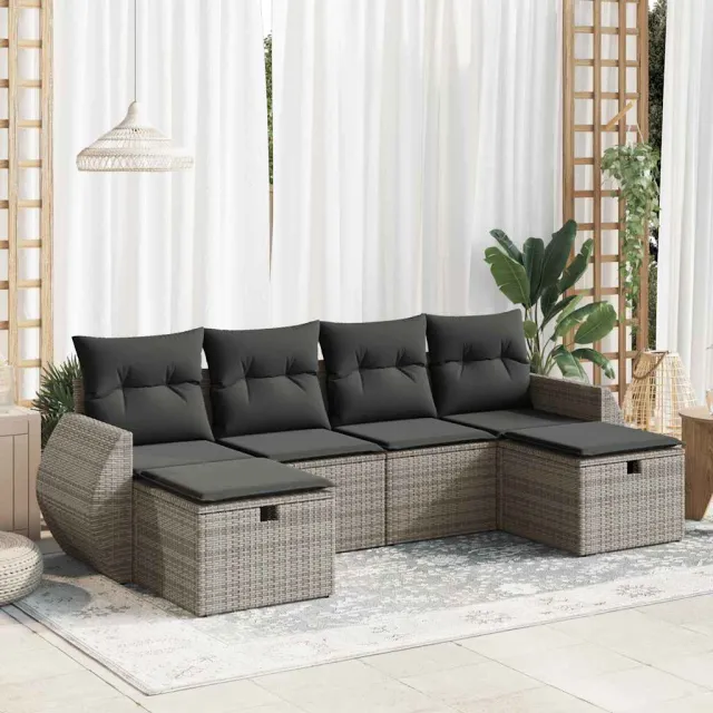 vidaXL 6-delige Loungeset met kussens poly rattan grijs, foto 2