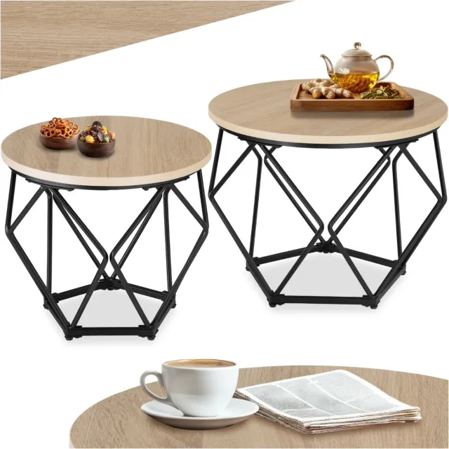 Tectake salontafel set van 2, ruitvormige bijzettafel, industrieel design, voor woonkamer, slaapkamer, kantoor, houten tafelblad, zwart metalen frame (industrieel lichtbruin )