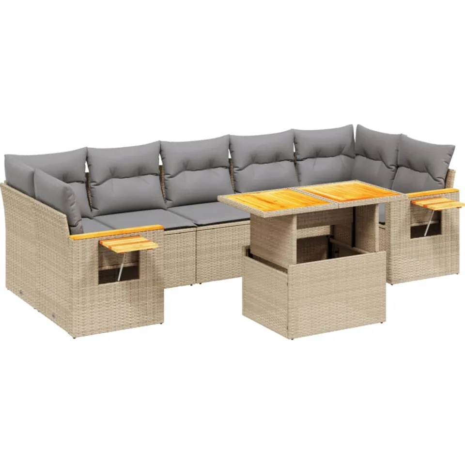 vidaXL 8-delige Loungeset met kussens poly rattan beige
