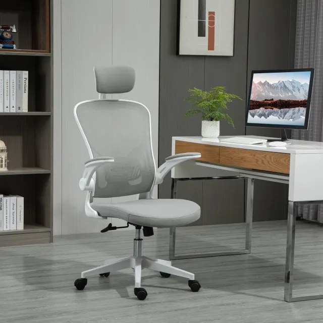 MODFU Bureaustoel - Ergonomisch En Verstelbaar - Met Hoofdsteun En Schommelfunctie - Voor Kantoor Of Thuis - Grijs - 65 X 64 X 114-122 Cm