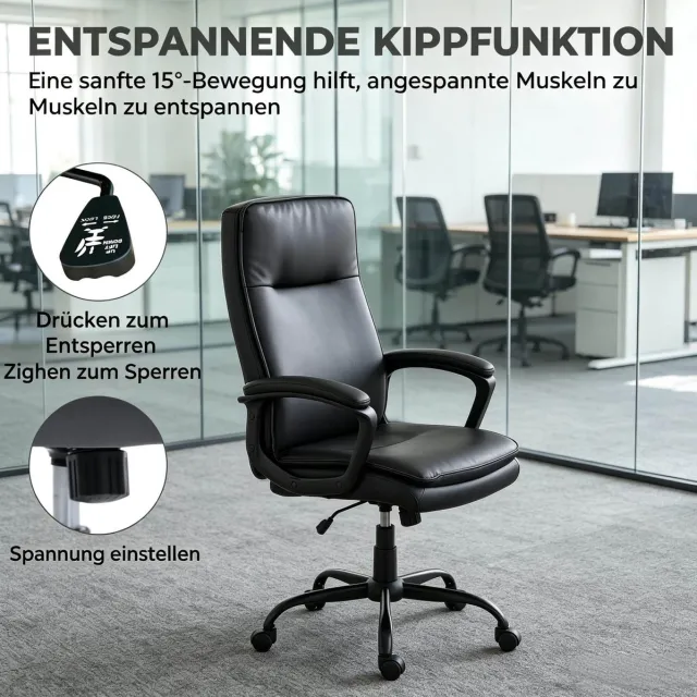 OKWISH Bureaustoel - Verstelbare Zithoogte & 15 Graden Kantelfunctie - Met Vaste Armleuningen en Wielen - Kunstleer - Zwart