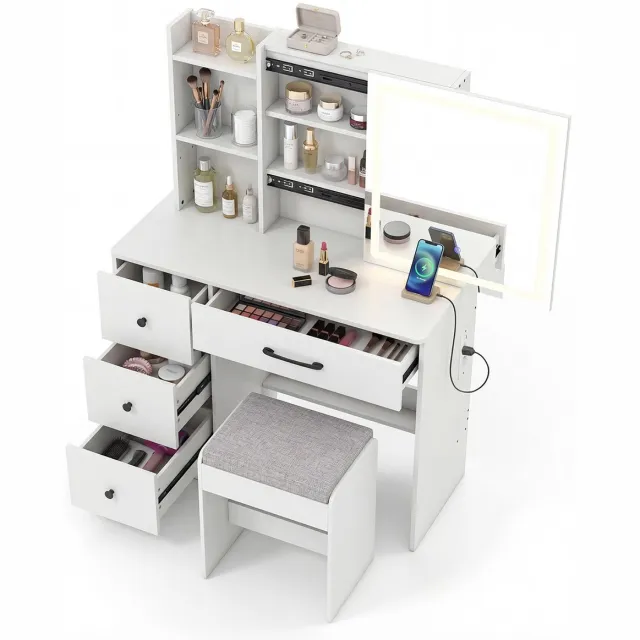 Costway Kaptafel met led-schuifspiegel en make-upkruk, make-uptafel met laden, stopcontacten en 2 verstelbare opbergvakken, kaptafelset voor slaapkamer, 96 x 40 x 135 cm wit