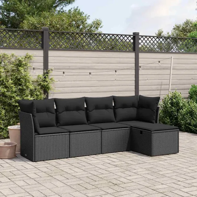 vidaXL 5-delige Loungeset met kussens poly rattan zwart, foto 2