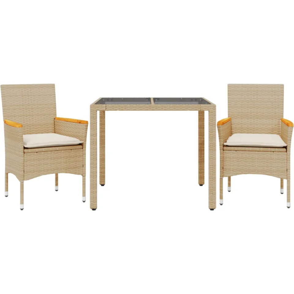 vidaXL 3-delige Tuinset met kussens poly rattan en glas beige, foto 3