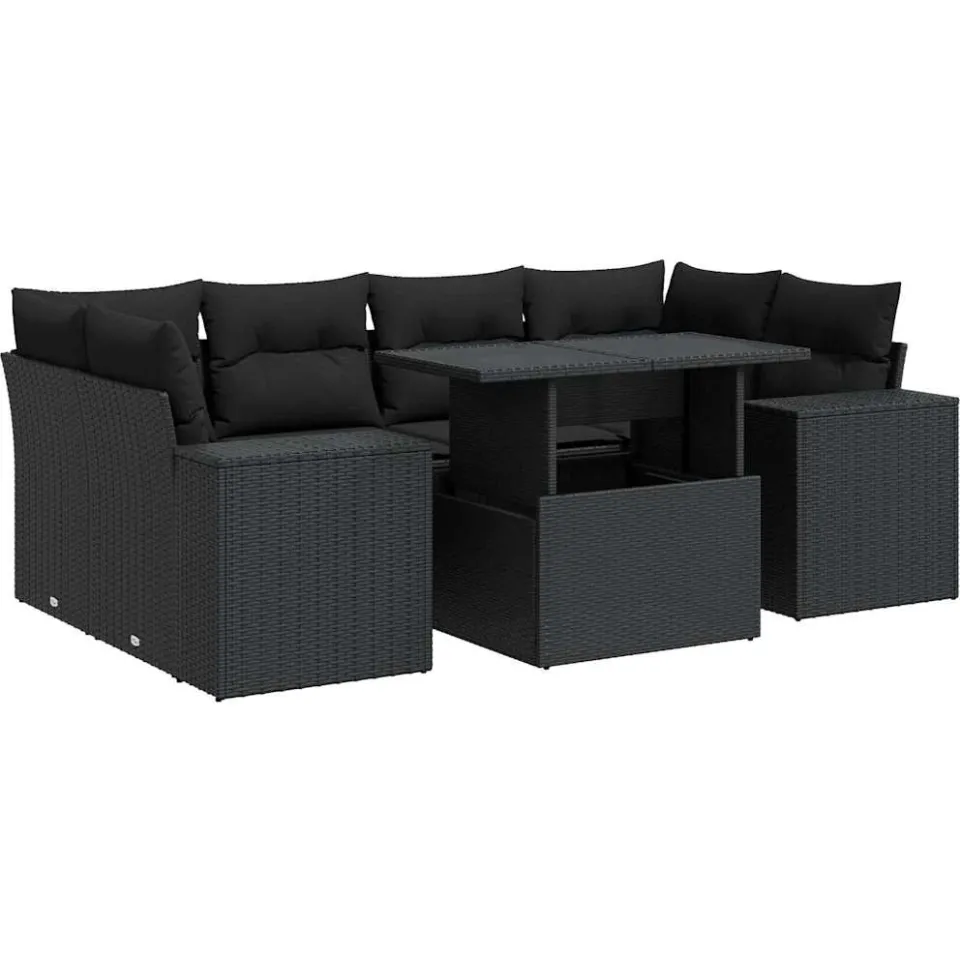 vidaXL 7-delige Loungeset met kussens poly rattan zwart, foto 3