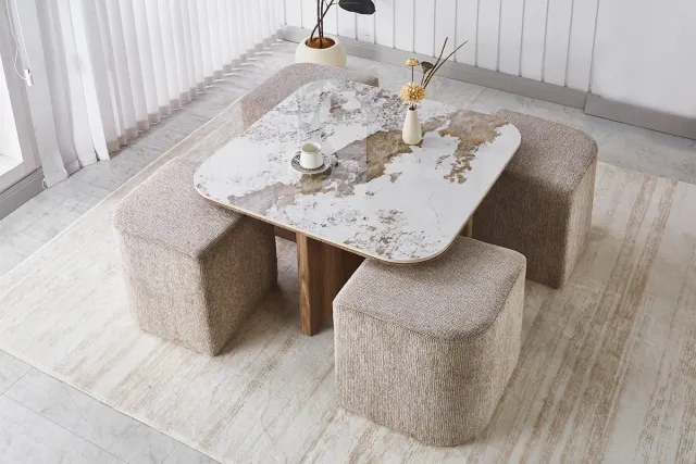 Rousseau Evora Vierkante Salontafel met 4 Poefs – 80 x 80 x H45 cm – Glanzend Stenen Blad met Goudbruine Marmerlook – Beige