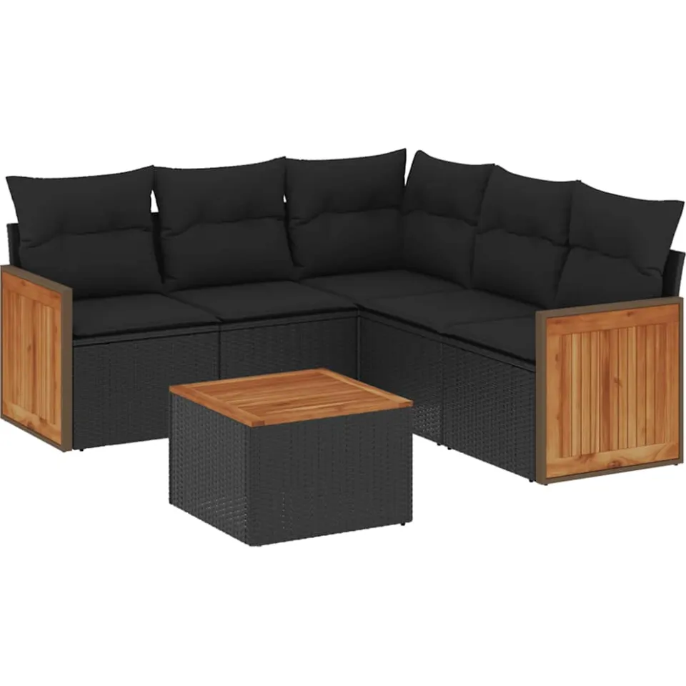 vidaXL 6-delige Loungeset met kussens poly rattan zwart, foto 3
