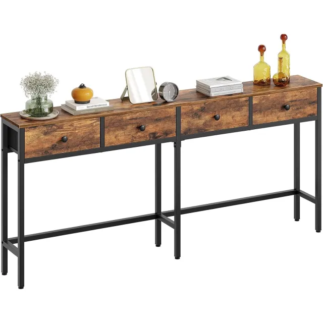 Homesy smalle consoletafel, 180 cm, lange haltafel, haltafel met 4 lades, voor hal, gang, woonkamer, vintage bruin-zwart Vintage Bruin + Zwart
