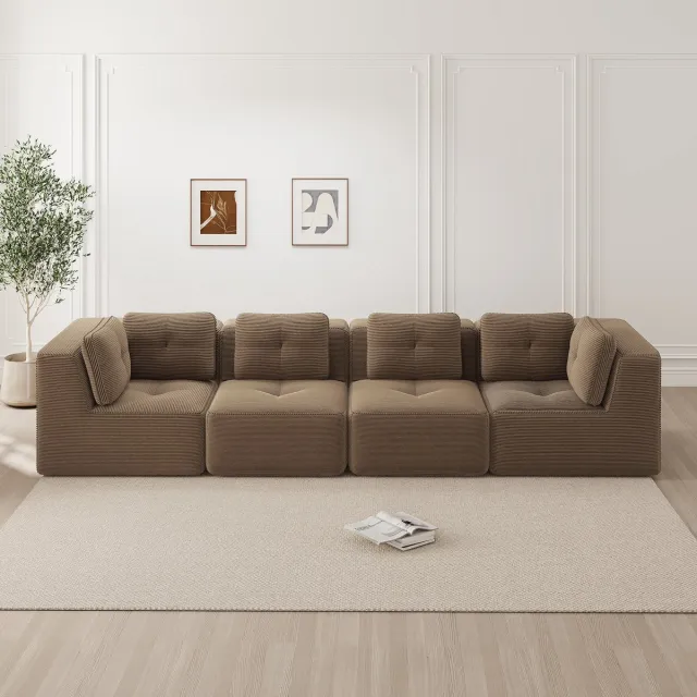 DESMIU Hoekbank 386 x 104 x 69 Cm - Modulaire 4-Zits Met Diepe Zitting En Zachte Kussens - Voor Woonkamer - Corduroy Bruin
