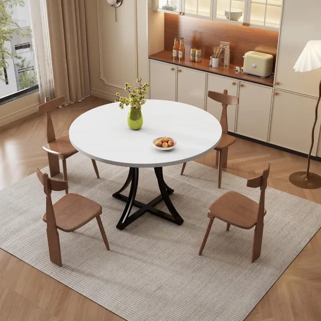 HOERFURIY Ronde witte eettafel 100x100x74,5 cm - industrieel design - houtlook blad met metalen kruispoten - keukentafel voor 2 tot 4 personen