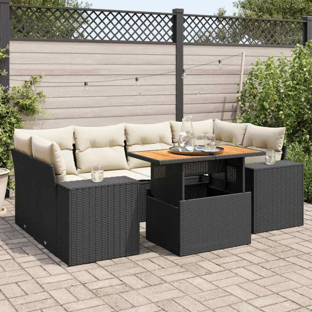 vidaXL 7-delige Loungeset met kussens poly rattan zwart, foto 2