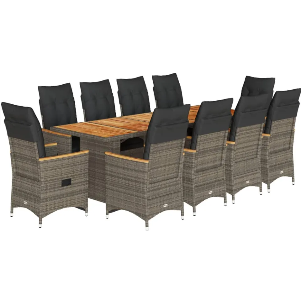 vidaXL 11-delige Bistroset met kussens poly rattan grijs