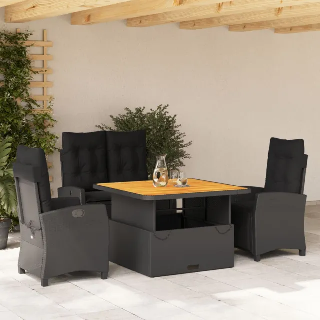vidaXL 4-delige Tuinset met kussens poly rattan zwart