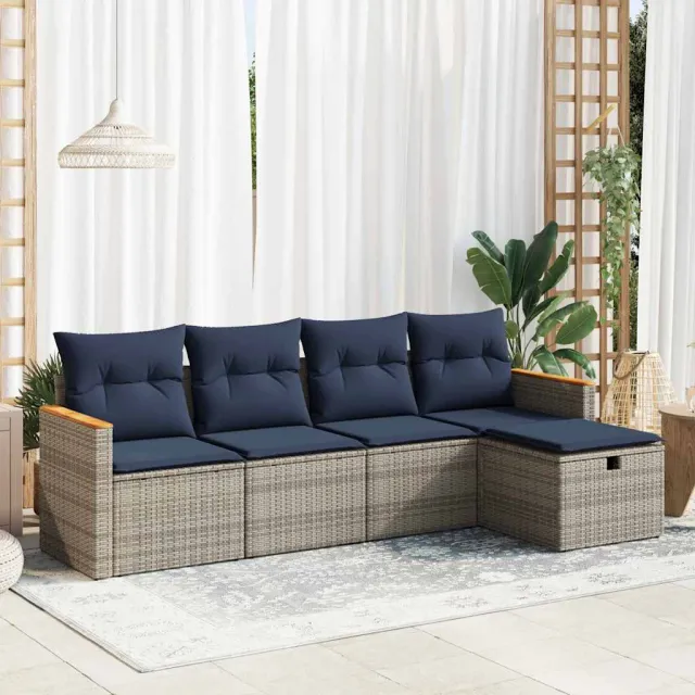 vidaXL 5-delige Loungeset met kussens poly rattan grijs, foto 2