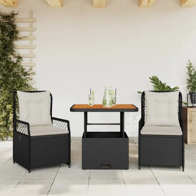 vidaXL 3-delige Tuinset met kussens poly rattan zwart, foto 2