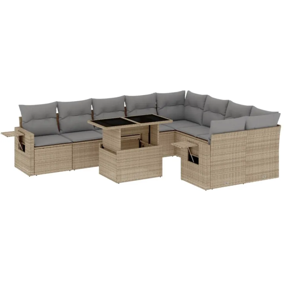 vidaXL 10-delige Loungeset met kussens poly rattan beige
