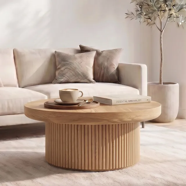 MIVRAY Salontafel - Ronde Tafel Met Parquetblad En Geribbelde Cilindervoet - Voor Woonkamer En Kleine Ruimtes - Houtlook - 78x38,5 Cm - Naturel Natural Wood
