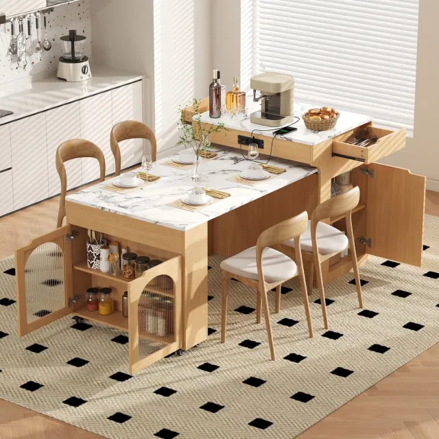 MEUNIQ uitschuifbare eettafel en keukeninsel 55-153 x 80 x 93 cm met 2 lades, opbergruimte, stopcontacten, wielen en marmerlook blad in naturel