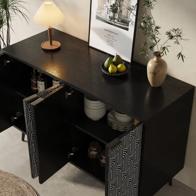 HAUSS SPOLE Dressoir - Sideboard Met Uniek Zwart-Wit Geometrisch Deurpatroon - 3 Verstelbare Legplanken En Anti-Kantelbeveiliging - MDF Met Metalen Poten - 120x35x78 cm - Zwart